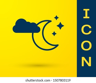 Blue Cloud with moon and stars icon isolated on yellow background. Cloudy night sign. Sleep dreams symbol. Night or bed time sign.  Vector Illustration