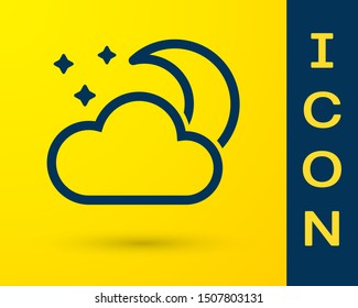 Blue Cloud with moon and stars icon isolated on yellow background. Cloudy night sign. Sleep dreams symbol. Night or bed time sign.  Vector Illustration