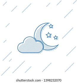 Blue Cloud with moon and stars line icon isolated on white background. Cloudy night sign. Sleep dreams symbol. Night or bed time sign. Vector Illustration