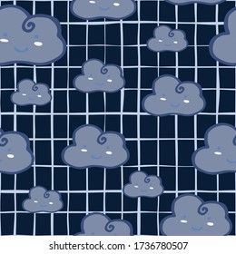 Blue cloud in nigth sky seamless pattern on stripes. Doodle character sleeping cloudy wallpaper. Design for baby fabric, textile print, wrapping paper, cover, packing. Vector illustration.