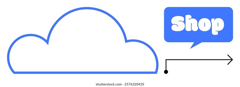 A blue cloud outline with a speech bubble labeled Shop connected by an arrow. Ideal for online shopping, cloud storage, digital marketing, e-commerce, and modern technology. Simple vector style