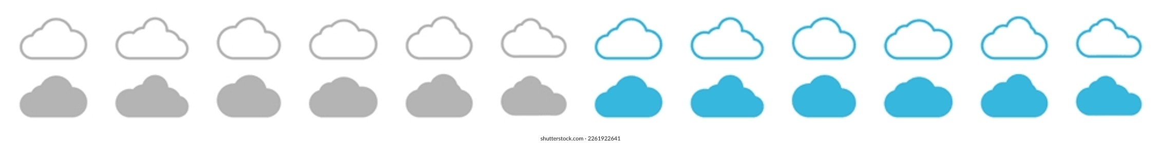 Blue cloud and overcast cloud icons set. Cumulus cloud in line and flat style. Cloud shapes or blue sky symbol collection for apps and websites, vector illustration