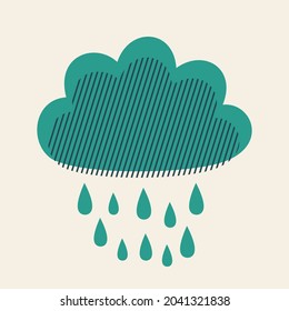 Blue cloud and rain close up. Illustration with decorative lines. Cute weather print. Vector.