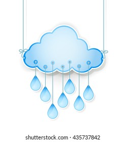 blue cloud with rain drops hanging on white. vector illustration