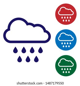 Blue Cloud with rain icon isolated on white background. Rain cloud precipitation with rain drops. Set color icons in circle buttons. Vector Illustration
