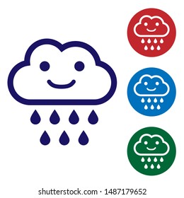 Blue Cloud with rain icon isolated on white background. Rain cloud precipitation with rain drops. Set color icons in circle buttons. Vector Illustration