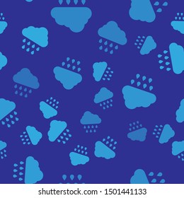 Blue Cloud with rain icon isolated seamless pattern on blue background. Rain cloud precipitation with rain drops.  Vector Illustration