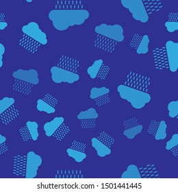 Blue Cloud with rain icon isolated seamless pattern on blue background. Rain cloud precipitation with rain drops.  Vector Illustration