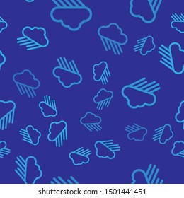 Blue Cloud with rain icon isolated seamless pattern on blue background. Rain cloud precipitation with rain drops.  Vector Illustration
