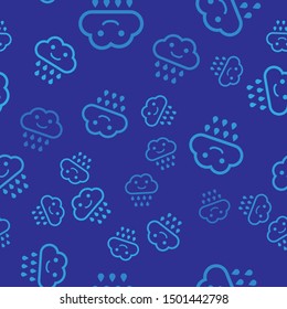 Blue Cloud with rain icon isolated seamless pattern on blue background. Rain cloud precipitation with rain drops.  Vector Illustration