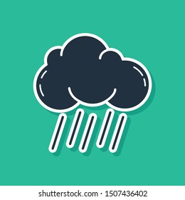 Blue Cloud with rain icon isolated on green background. Rain cloud precipitation with rain drops.  Vector Illustration