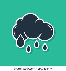 Blue Cloud with rain icon isolated on green background. Rain cloud precipitation with rain drops.  Vector Illustration