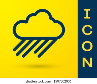 Blue Cloud with rain icon isolated on yellow background. Rain cloud precipitation with rain drops.  Vector Illustration