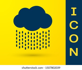Blue Cloud with rain icon isolated on yellow background. Rain cloud precipitation with rain drops.  Vector Illustration
