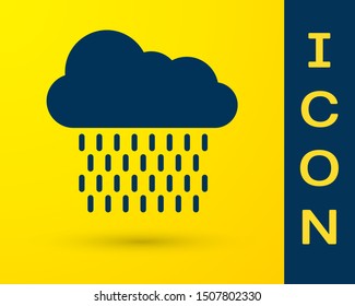 Blue Cloud with rain icon isolated on yellow background. Rain cloud precipitation with rain drops.  Vector Illustration