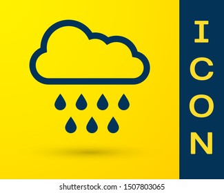 Blue Cloud with rain icon isolated on yellow background. Rain cloud precipitation with rain drops.  Vector Illustration
