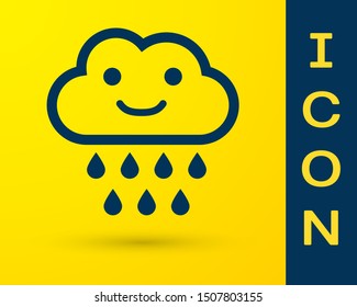 Blue Cloud with rain icon isolated on yellow background. Rain cloud precipitation with rain drops.  Vector Illustration