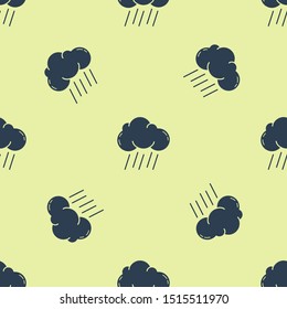 Blue Cloud with rain icon isolated seamless pattern on yellow background. Rain cloud precipitation with rain drops.  Vector Illustration