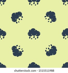 Blue Cloud with rain icon isolated seamless pattern on yellow background. Rain cloud precipitation with rain drops.  Vector Illustration