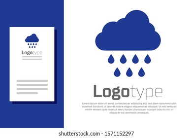 Blue Cloud with rain icon isolated on white background. Rain cloud precipitation with rain drops. Logo design template element. Vector Illustration