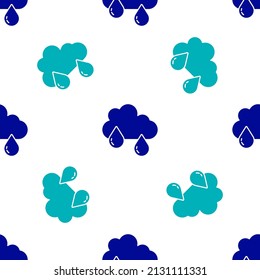 Blue Cloud with rain icon isolated seamless pattern on white background. Rain cloud precipitation with rain drops.  Vector