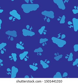 Blue Cloud with rain and lightning icon isolated seamless pattern on blue background. Rain cloud precipitation with rain drops.Weather icon of storm.  Vector Illustration