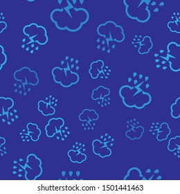Blue Cloud with rain and lightning icon isolated seamless pattern on blue background. Rain cloud precipitation with rain drops.Weather icon of storm.  Vector Illustration
