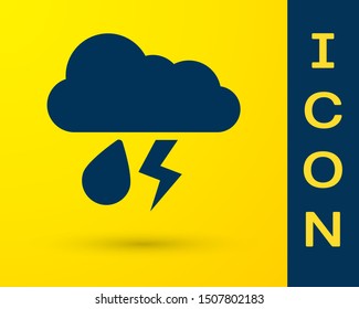 Blue Cloud with rain and lightning icon isolated on yellow background. Rain cloud precipitation with rain drops.Weather icon of storm.  Vector Illustration