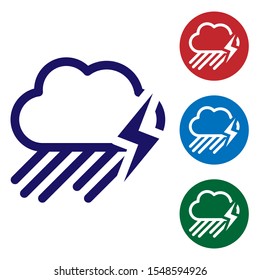 Blue Cloud with rain and lightning icon isolated on white background. Rain cloud precipitation with rain drops.Weather icon of storm. Set color icons in circle buttons. Vector Illustration