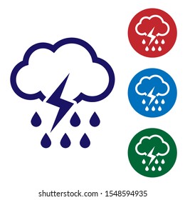 Blue Cloud with rain and lightning icon isolated on white background. Rain cloud precipitation with rain drops.Weather icon of storm. Set color icons in circle buttons. Vector Illustration