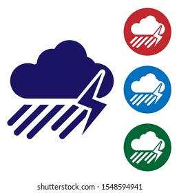 Blue Cloud with rain and lightning icon isolated on white background. Rain cloud precipitation with rain drops.Weather icon of storm. Set color icons in circle buttons. Vector Illustration