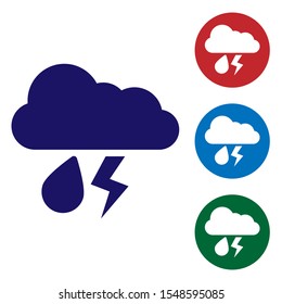 Blue Cloud with rain and lightning icon isolated on white background. Rain cloud precipitation with rain drops.Weather icon of storm. Set color icons in circle buttons. Vector Illustration