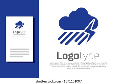Blue Cloud with rain and lightning icon isolated on white background. Rain cloud precipitation with rain drops.Weather icon of storm. Logo design template element. Vector Illustration