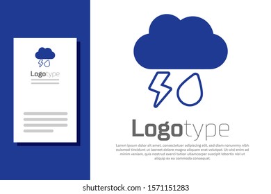 Blue Cloud with rain and lightning icon isolated on white background. Rain cloud precipitation with rain drops.Weather icon of storm. Logo design template element. Vector Illustration