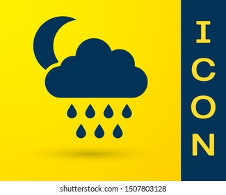 Blue Cloud with rain and moon icon isolated on yellow background. Rain cloud precipitation with rain drops.  Vector Illustration