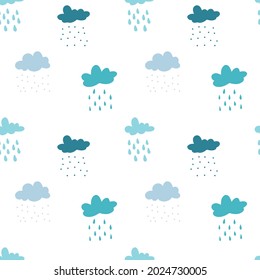 Blue cloud rain seamless vector pattern