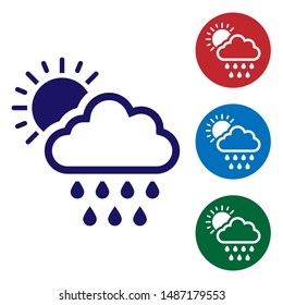 Blue Cloud with rain and sun icon isolated on white background. Rain cloud precipitation with rain drops. Set color icons in circle buttons. Vector Illustration