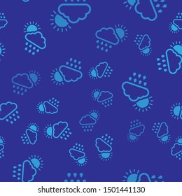 Blue Cloud with rain and sun icon isolated seamless pattern on blue background. Rain cloud precipitation with rain drops.  Vector Illustration