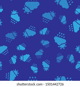 Blue Cloud with rain and sun icon isolated seamless pattern on blue background. Rain cloud precipitation with rain drops.  Vector Illustration