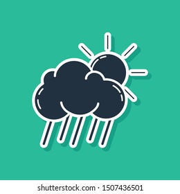 Blue Cloud with rain and sun icon isolated on green background. Rain cloud precipitation with rain drops.  Vector Illustration