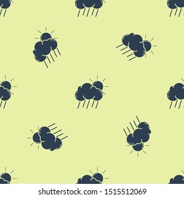 Blue Cloud with rain and sun icon isolated seamless pattern on yellow background. Rain cloud precipitation with rain drops.  Vector Illustration