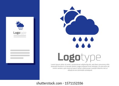 Blue Cloud with rain and sun icon isolated on white background. Rain cloud precipitation with rain drops. Logo design template element. Vector Illustration