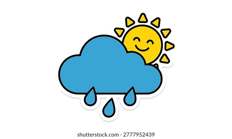 A blue cloud with raindrops and smiling sun