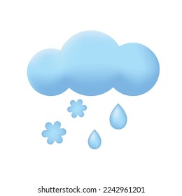 Blue cloud, raindrops and snowflakes. Snow with Pain Weather forecast element icon. 3d Vector illustration isolated on white backrgound.