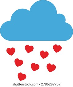 A blue cloud rains down red hearts on a white background, symbolizing love and affection in a whimsical and romantic illustration.