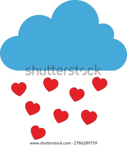 A blue cloud rains down red hearts on a white background, symbolizing love and affection in a whimsical and romantic illustration.