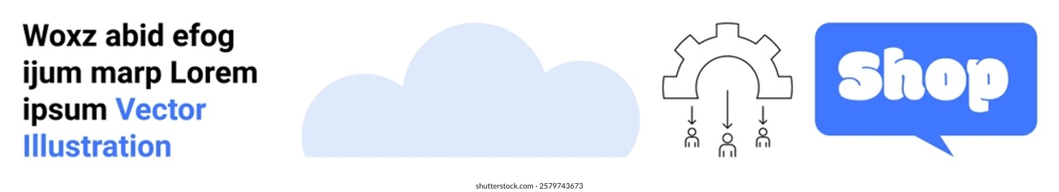 Blue cloud with sample text on left a cogwheel with descending arrows in middle and a blue speech bubble with Shop on right. Ideal for e-commerce cloud computing data management online stores. Banner