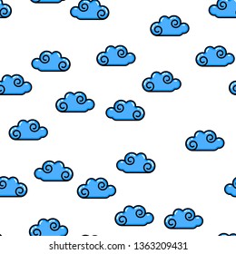 Blue cloud seamless pattern on white background. Paper print design. Abstract retro vector illustration. Trendy textile, fabric, wrapping. Modern space decoration.
