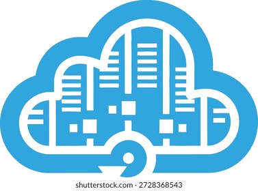 Blue cloud shape containing silhouette of buildings symbolizing urban data management smart city concept