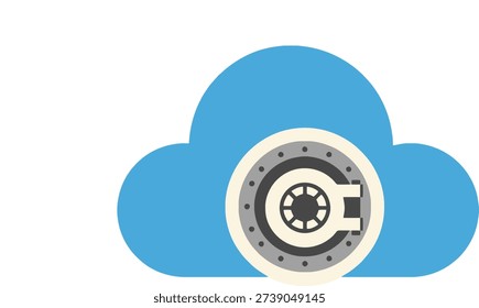A blue cloud shape contains a circular vault door with a handle, representing secure cloud computing and data protection.